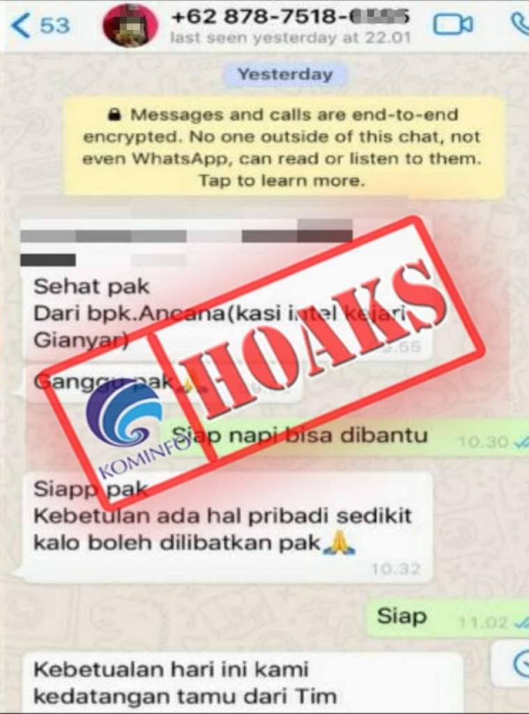 [HOAKS] Akun WhatsApp Mengatasnamakan Kasi Intel Kejari Gianyar